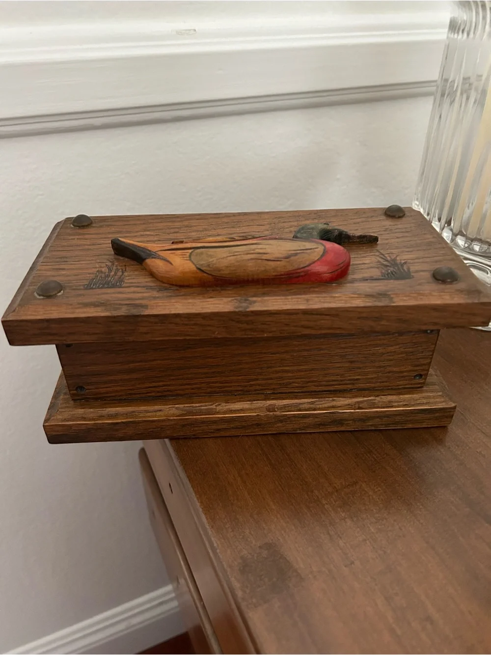 Vintage Wood Carved Mallard Duck Decoy Trinket Box